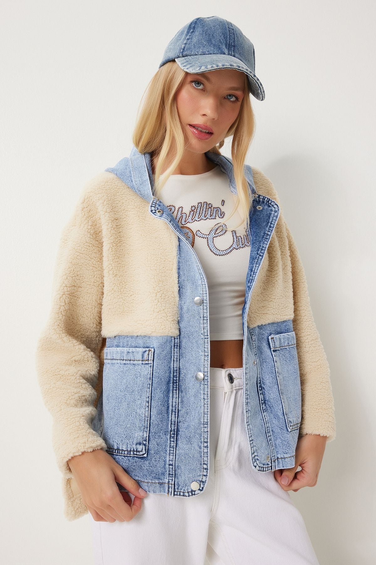 Krem Mavi Kapüşonlu Denim Detaylı Peluş Ceket NT00435