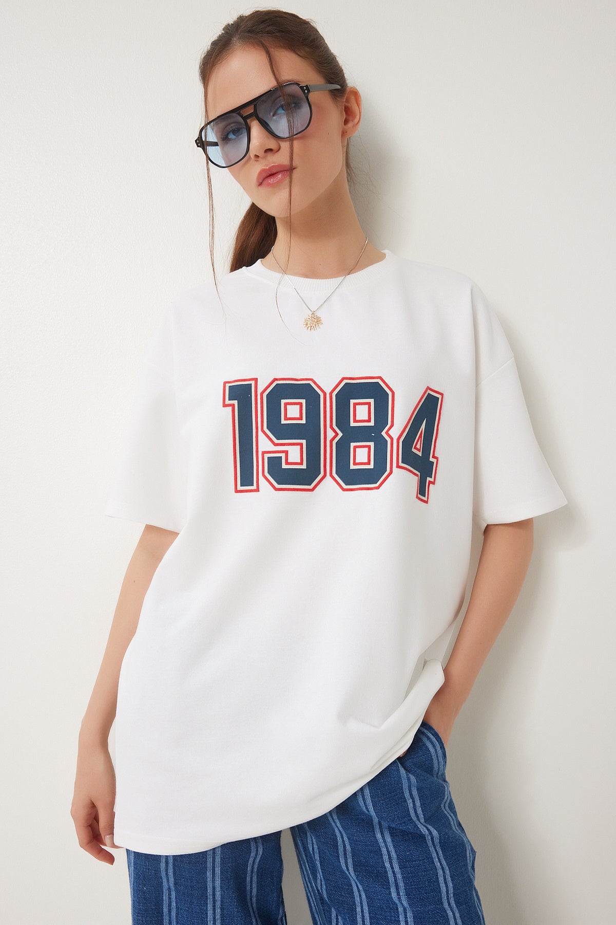 Ekru Oversize Baskılı Örme T-Shirt ZV00280