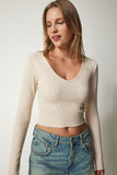 Krem V Yaka Crop Örme Bluz UB00201