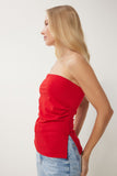 Kırmızı Büzgülü Straplez Örme Bluz UB00343