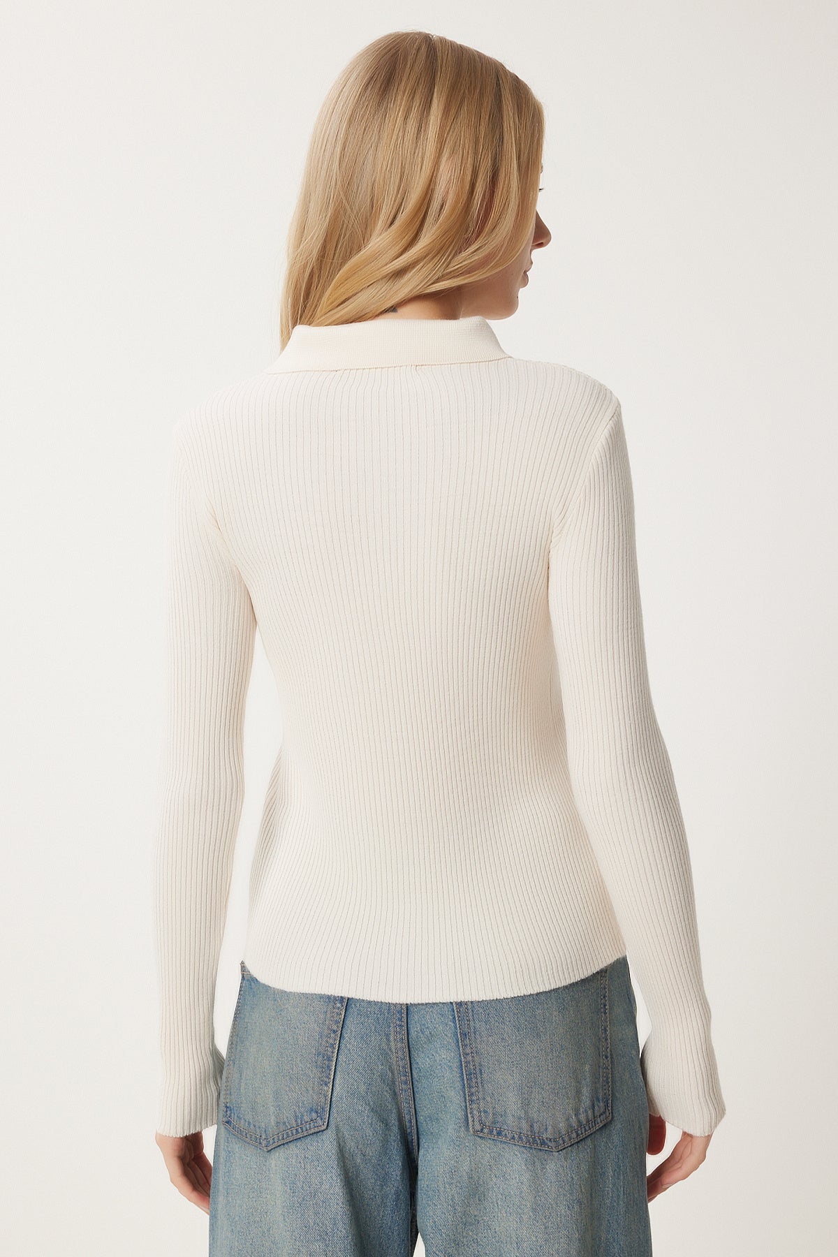 Krem Polo Yaka Fitilli Triko Kazak US00954