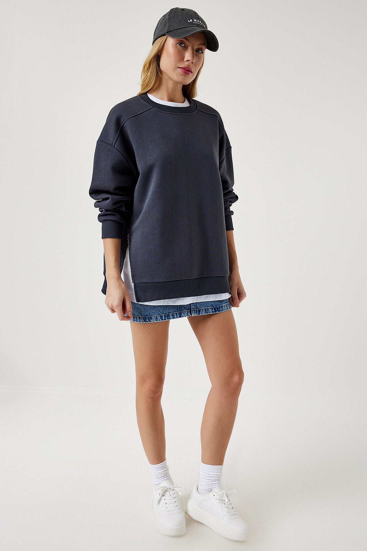 Antrasit Fermuar Detaylı Şardonlu Örme Sweatshirt UB00148