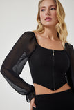 Siyah Şifon Balın Kollu Fermuarlı Crop Bluz DD01296