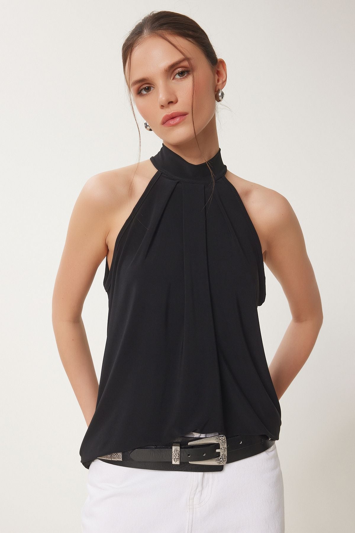 Siyah Halter Yaka Sandy Örme Bluz RX00058