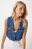 Koyu Mavi Cepli Crop Denim Yelek OK00063
