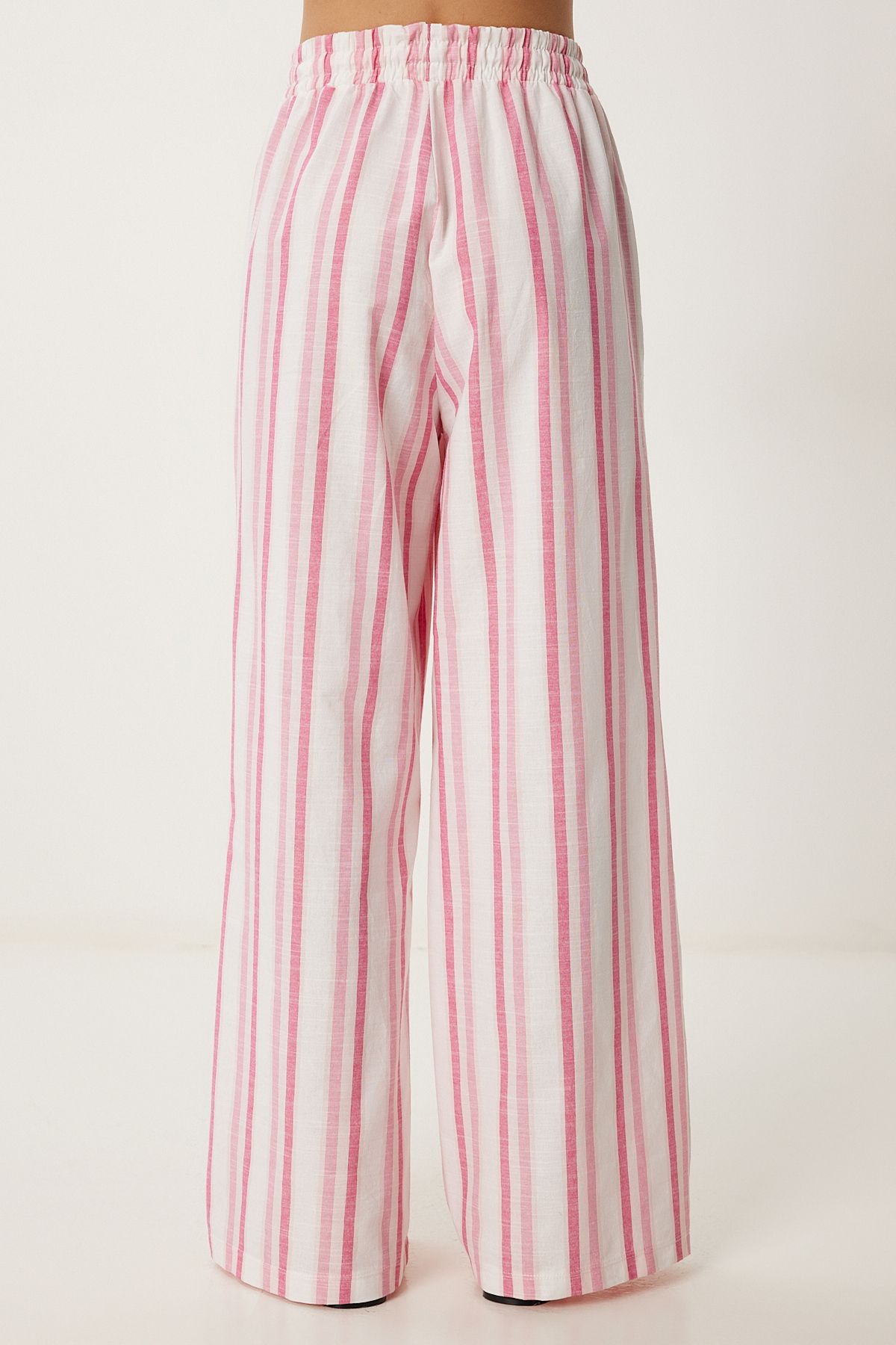 Pembe Çizgili Yazlık Bol Keten Pantolon DP00247
