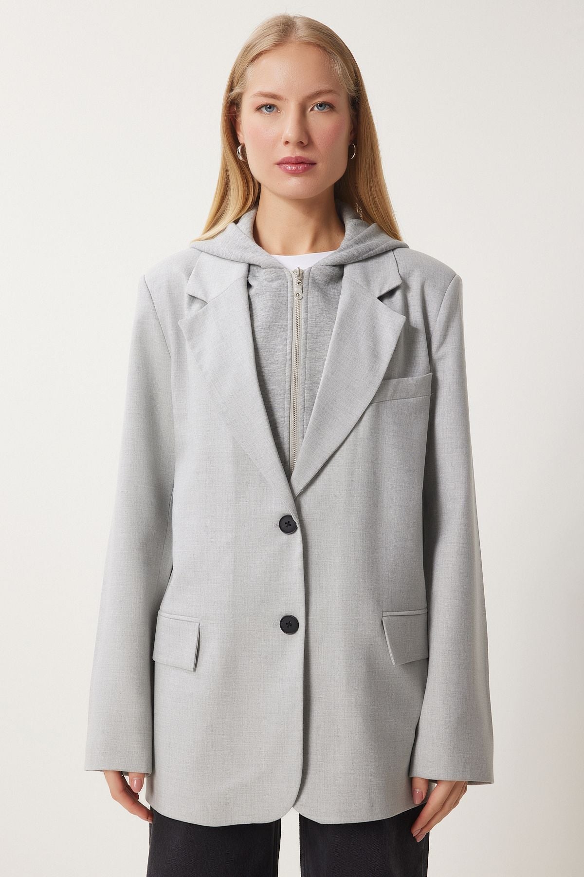 Açık Gri Kapüşon Detaylı Dokuma Blazer Ceket FN03440