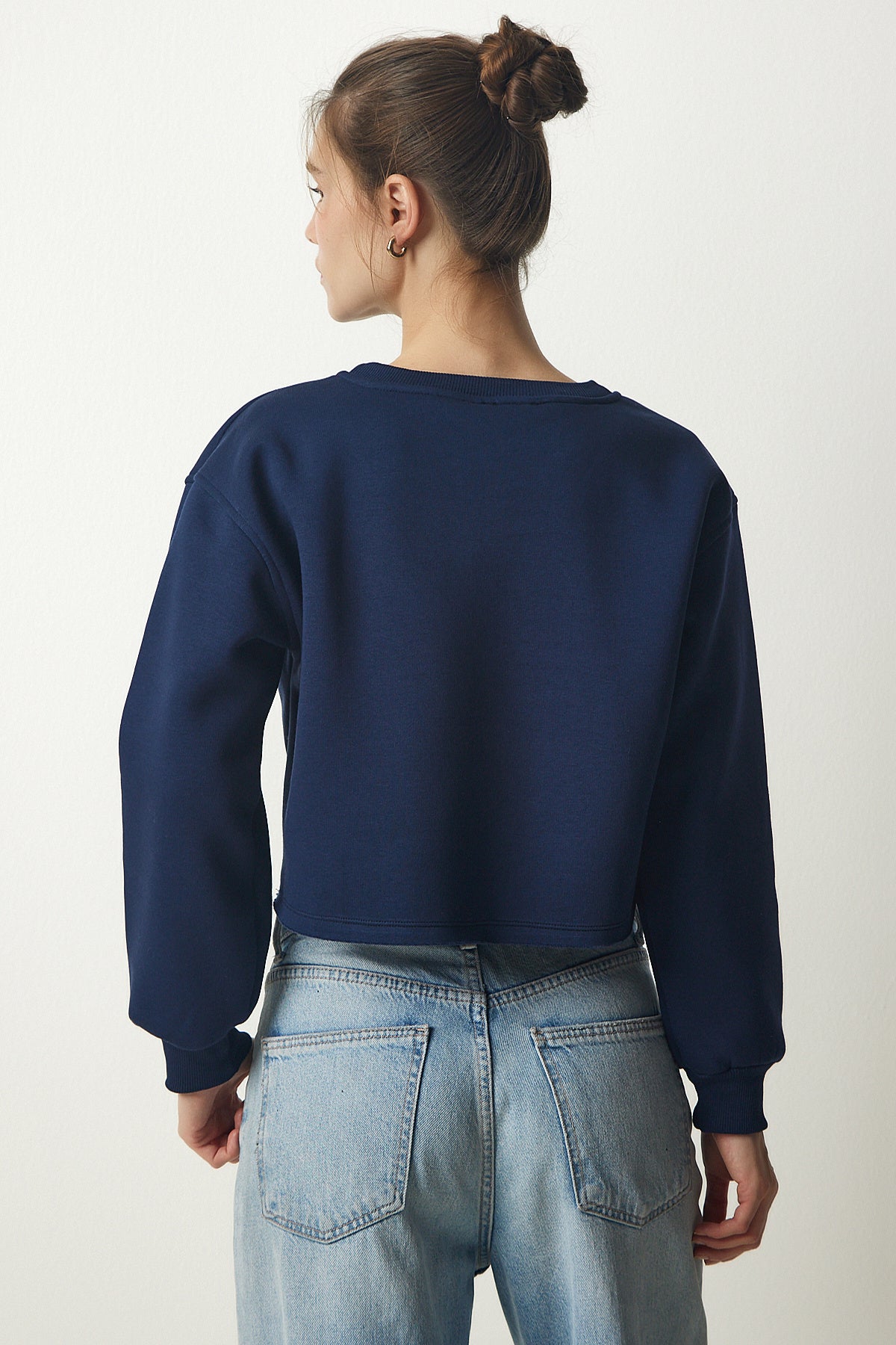 Lacivert Bisiklet Yaka Şardonlu Crop Örme Sweatshirt  BF00085