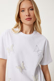 Beyaz İncili Kelebek Taşlı Örme T-Shirt MP00033