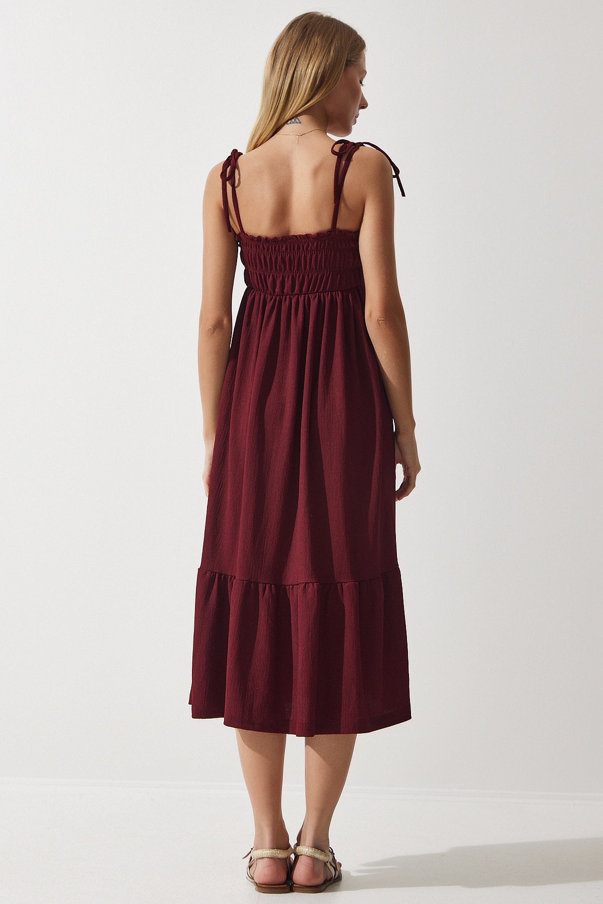 Bordo Askılı Krinkıl Yazlık Örme Elbise UB00250