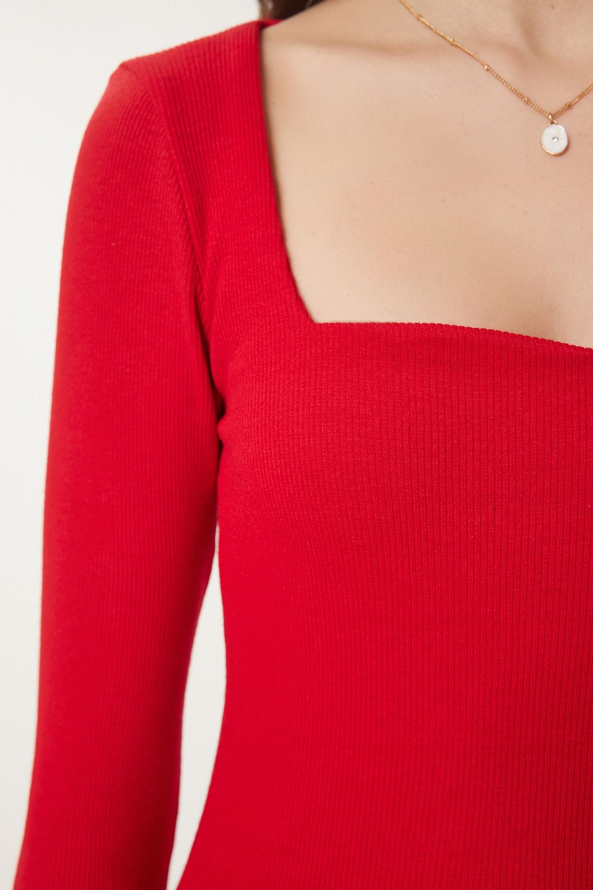 Kırmızı Beyaz 2'Li Kalp Yaka Fitilli Örme Bluz GT00231