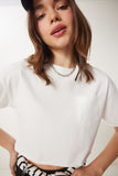 Beyaz Pamuklu Crop Örme T-Shirt CR00443