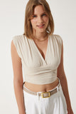 Krem Derin V Yakalı Crop Sandy Örme Bluz BF00039