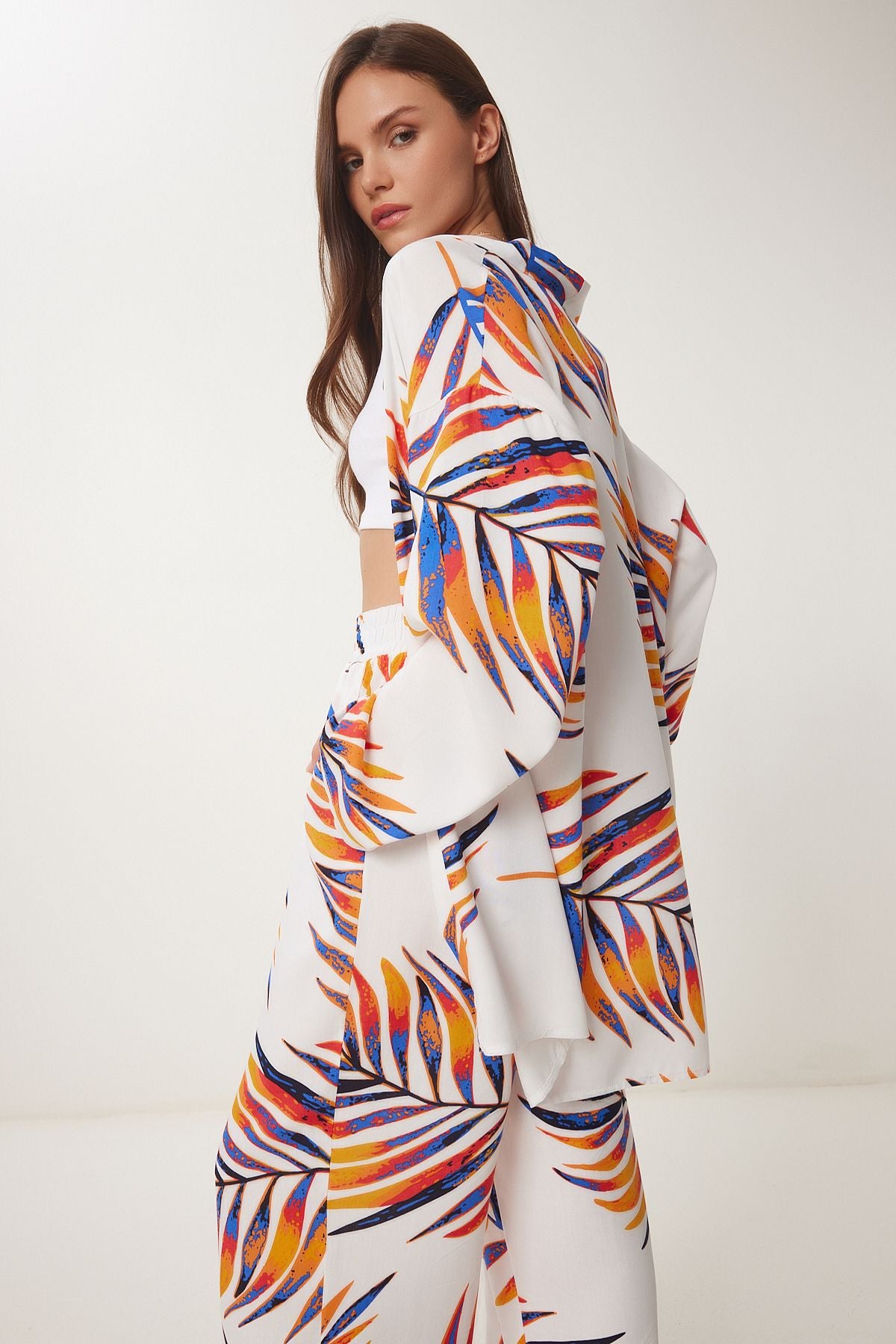 Oranj Beyaz Desenli Viskon Kimono Pantolon Takım JE00002