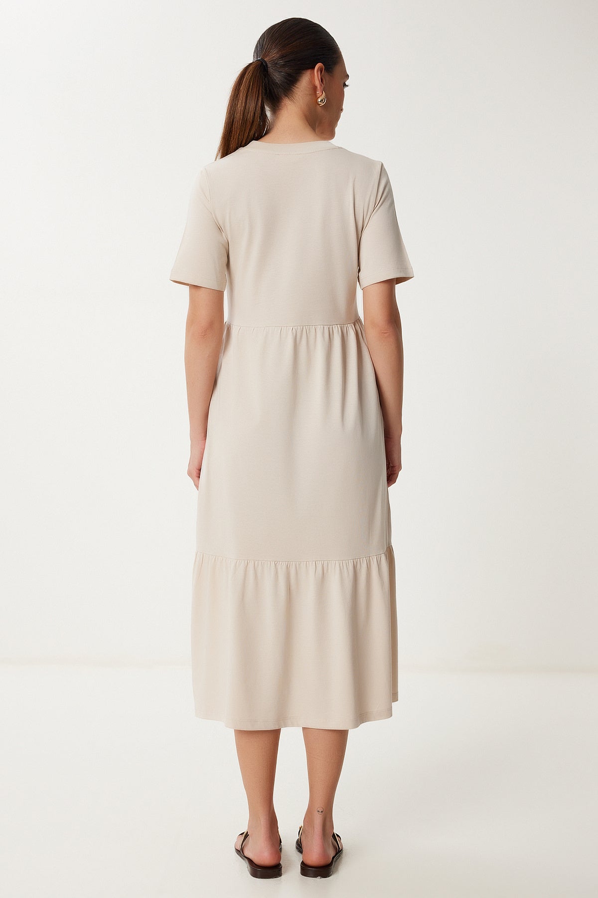 Krem Oversize Volanlı Yazlık Örme Elbise CR00475