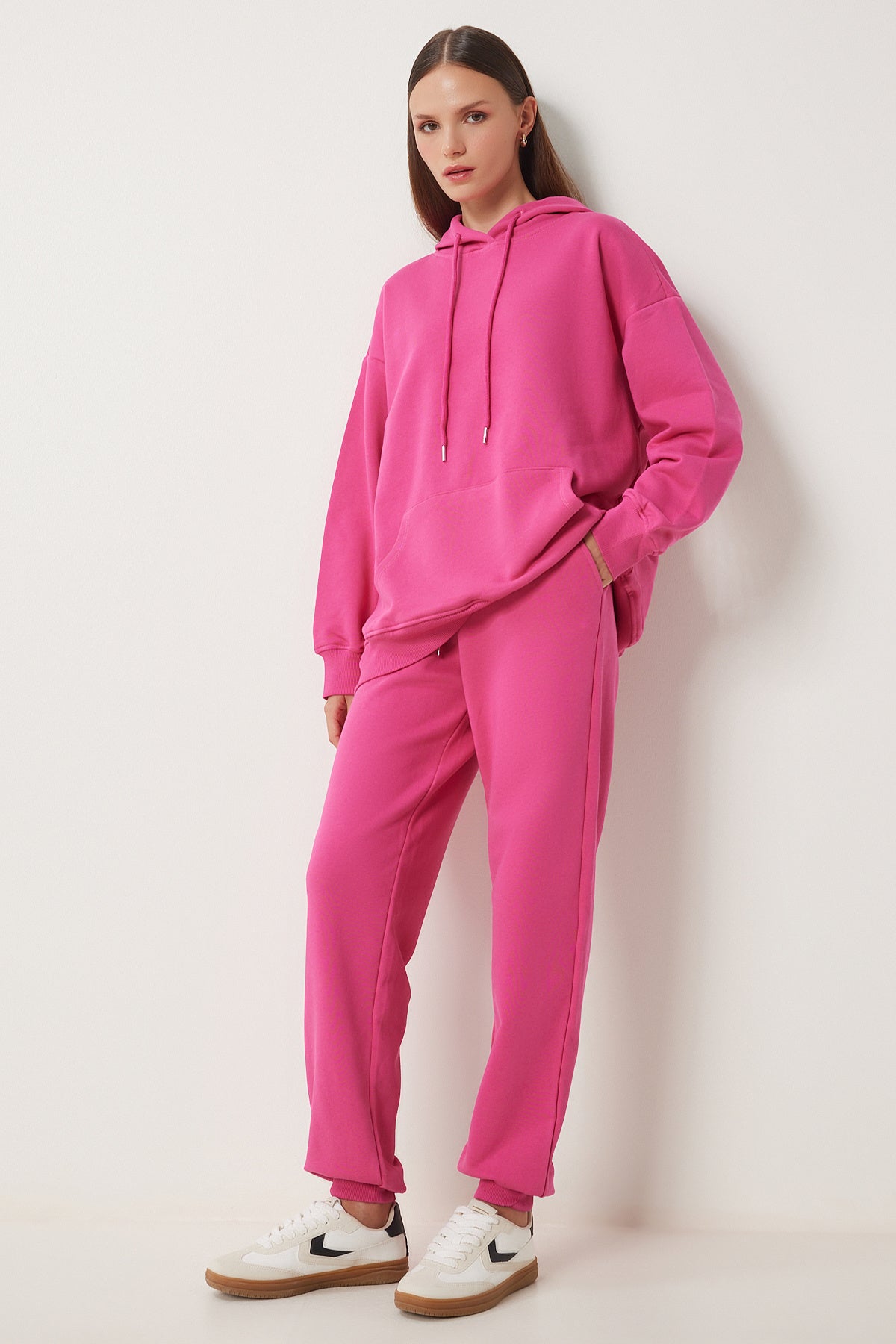 Koyu Pembe Kapüşonlu Sweatshirt Jogger Oversize Örme Eşofman Takımı PYS0027