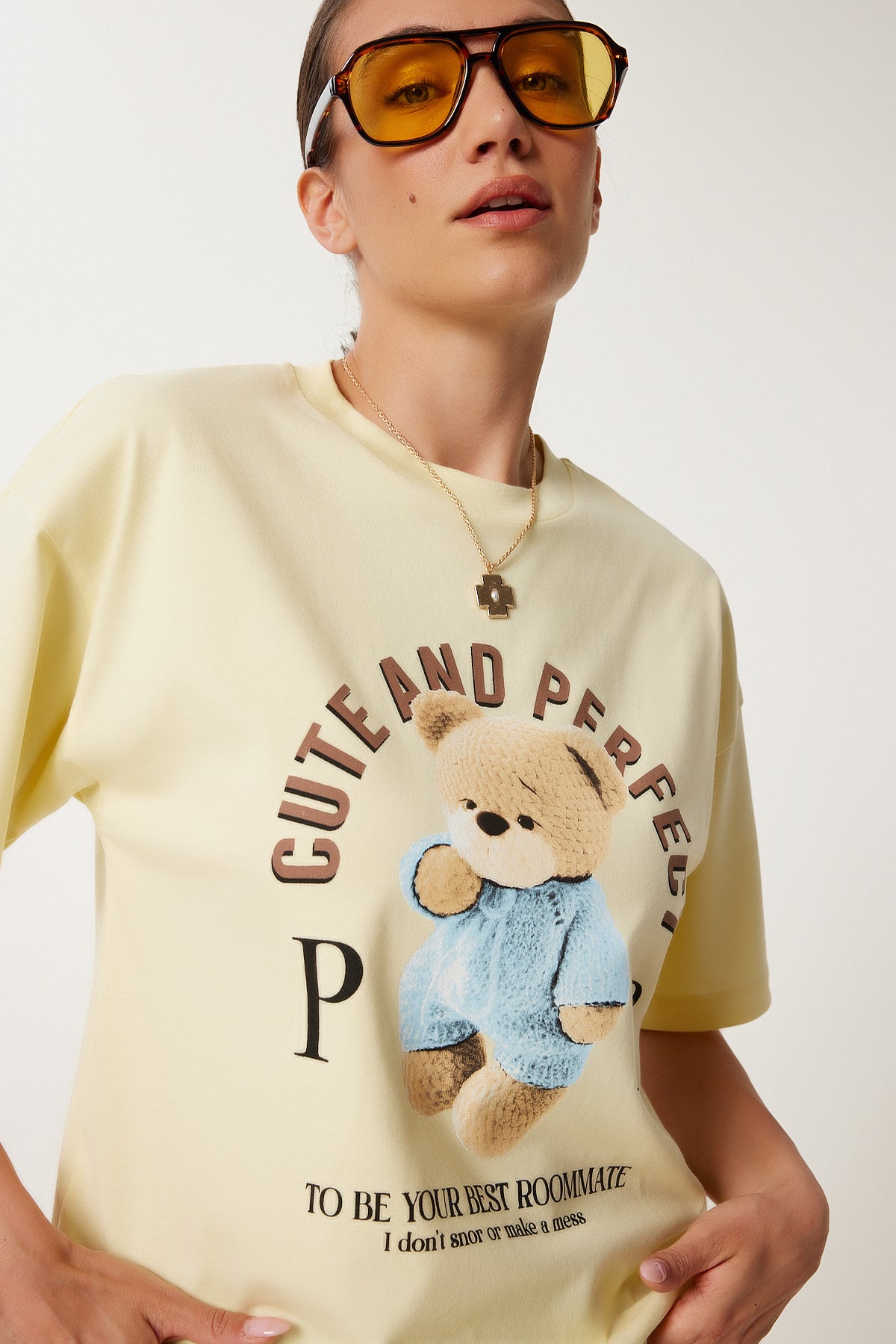 Sarı Baskılı Oversize Pamuklu Örme T-Shirt CR00508