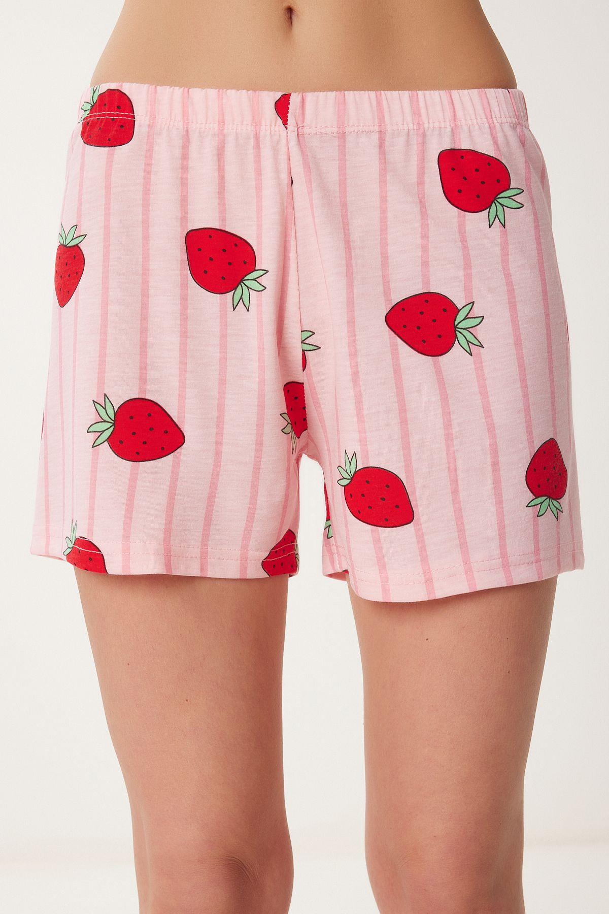 Pembe Beyaz Baskılı Şortlu Örme Pijama Takımı CE00096