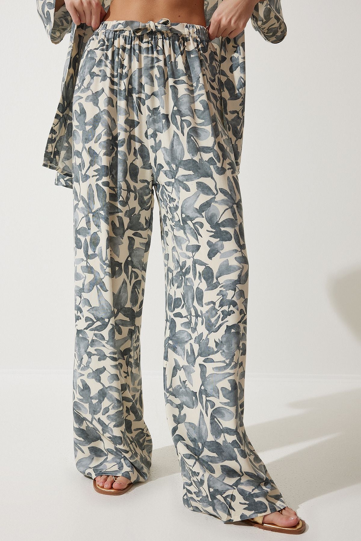 Kemik Gri Desenli Kimono Palazzo Pantolon Takım EN00614