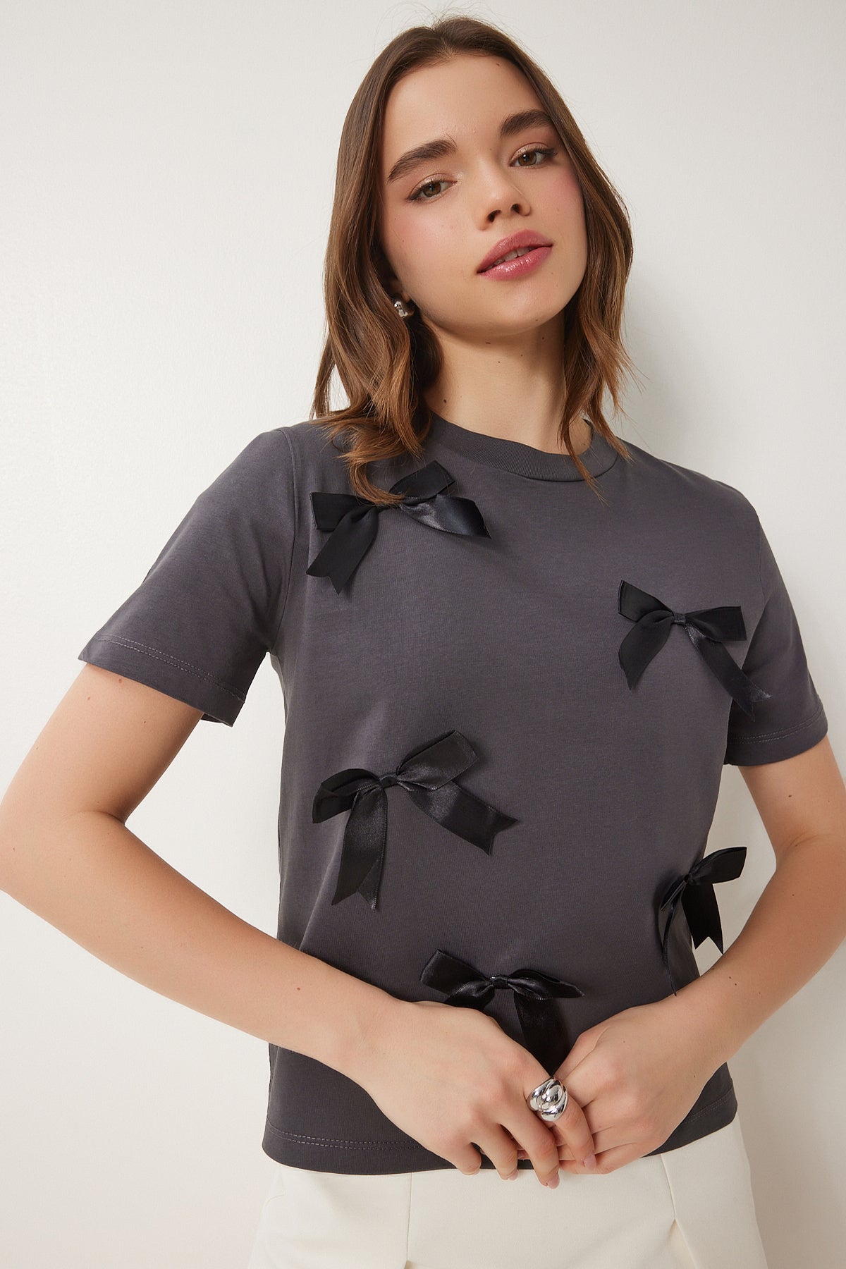 Antrasit Fiyonklu Pamuklu Örme T-Shirt CR00453