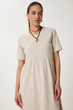 Krem Oversize Volanlı Yazlık Örme Elbise CR00475