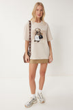 Krem Ayıcık Armalı Pamuklu Oversize Örme T-Shirt CR00464
