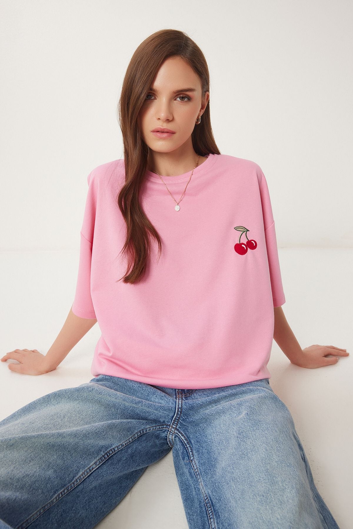 Pembe Oversize Nakışlı Örme T-Shirt ZV00276