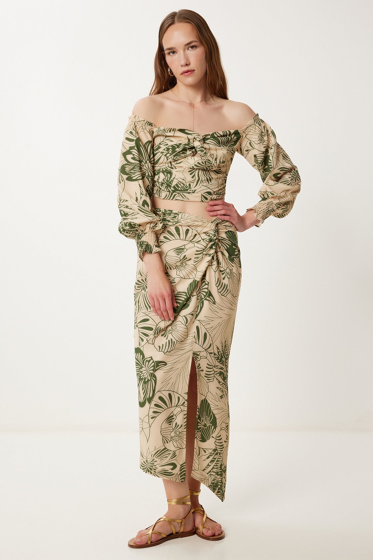 Bej Haki Desenli Keten Crop Etek Takım WF00148