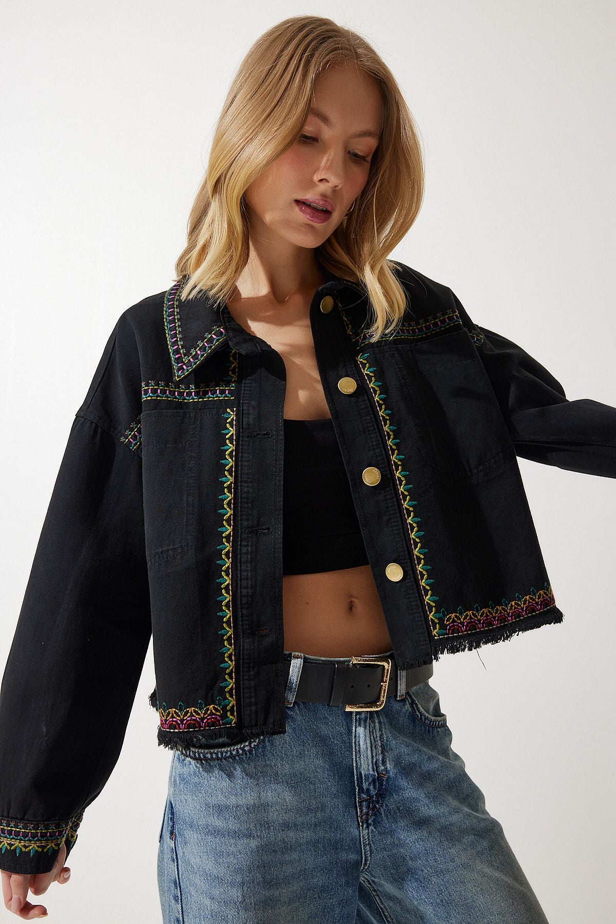 Siyah Nakışlı Püsküllü Oversize Denim Ceket SA00018