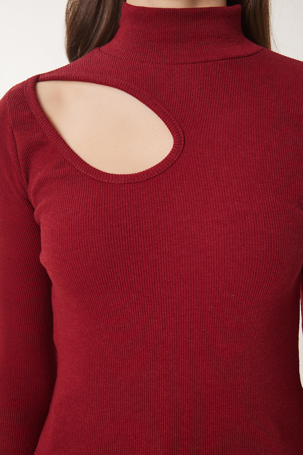 Bordo Krem 2'Li Paket Cut Out Detaylı Fitilli Örme Bluz GT00235