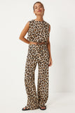 Krem Kahverengi Leopar Desenli Kolsuz Bluz Pantolon Dokuma Takım WF00082