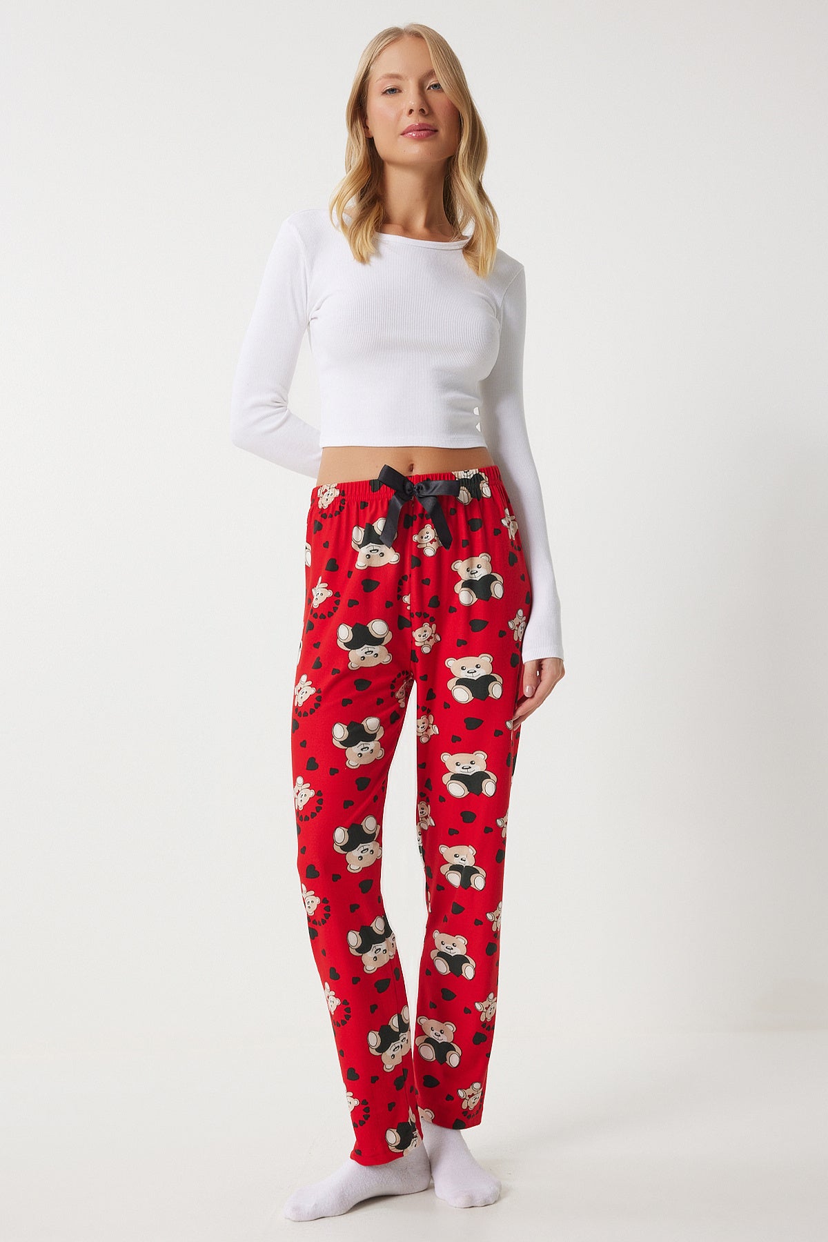 Kırmızı Desenli Yumuşak Dokulu Örme Pijama Altı EC00047
