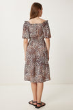 Bej Kahverengi Leopar Desenli Volanlı Midi Elbise TP00069