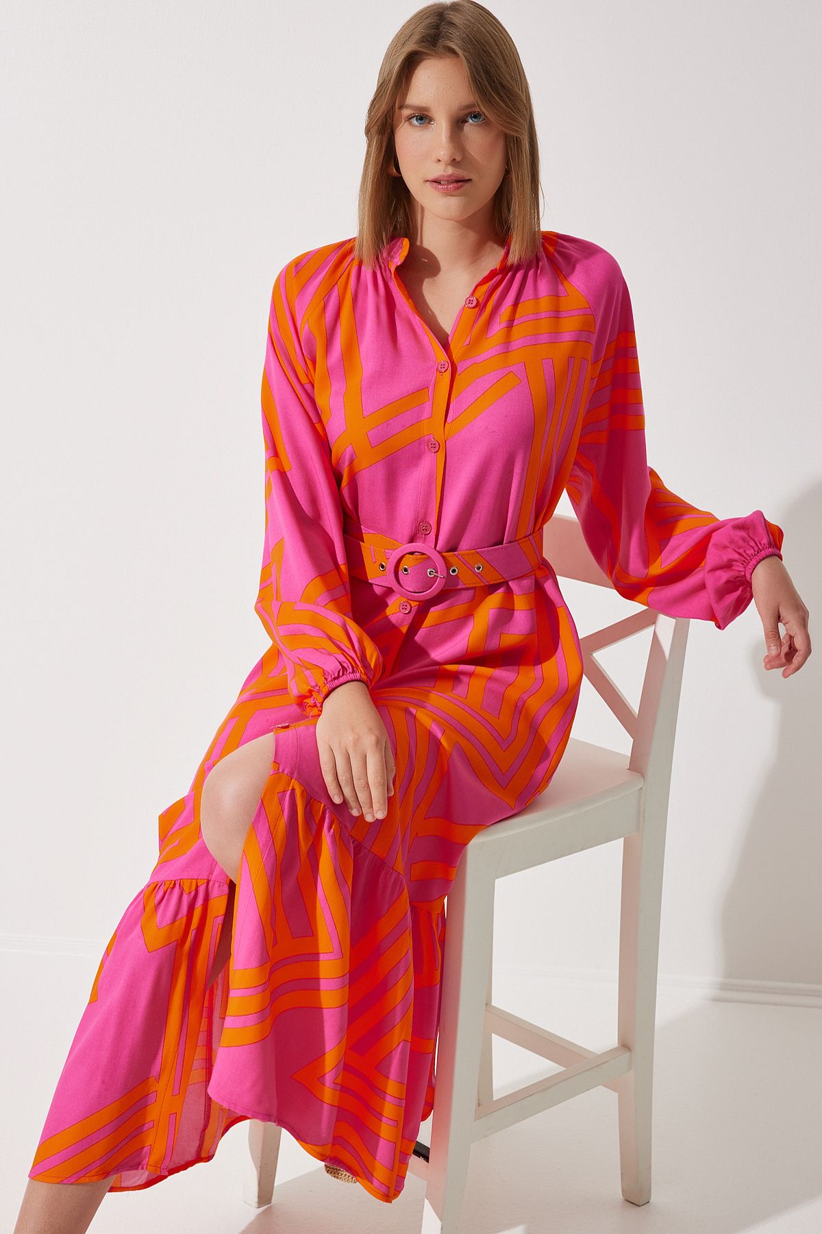 Oranj Kemerli Oversize Yazlık Viskon Elbise ZH00034