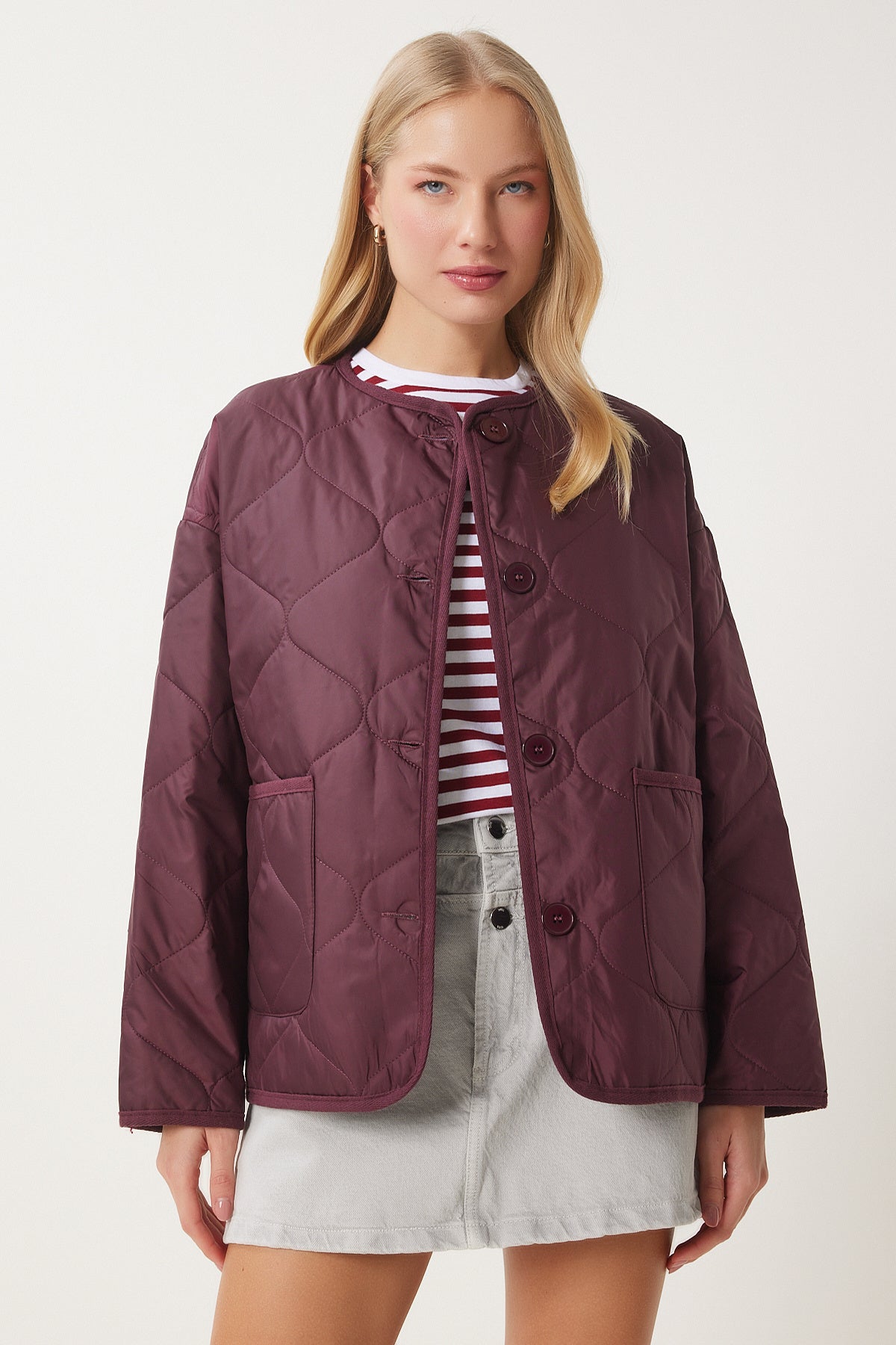Bordo Geniş Cepli Kapitone Ceket FN03395