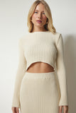 Krem Fitilli Crop Etek Triko Takım PF00020