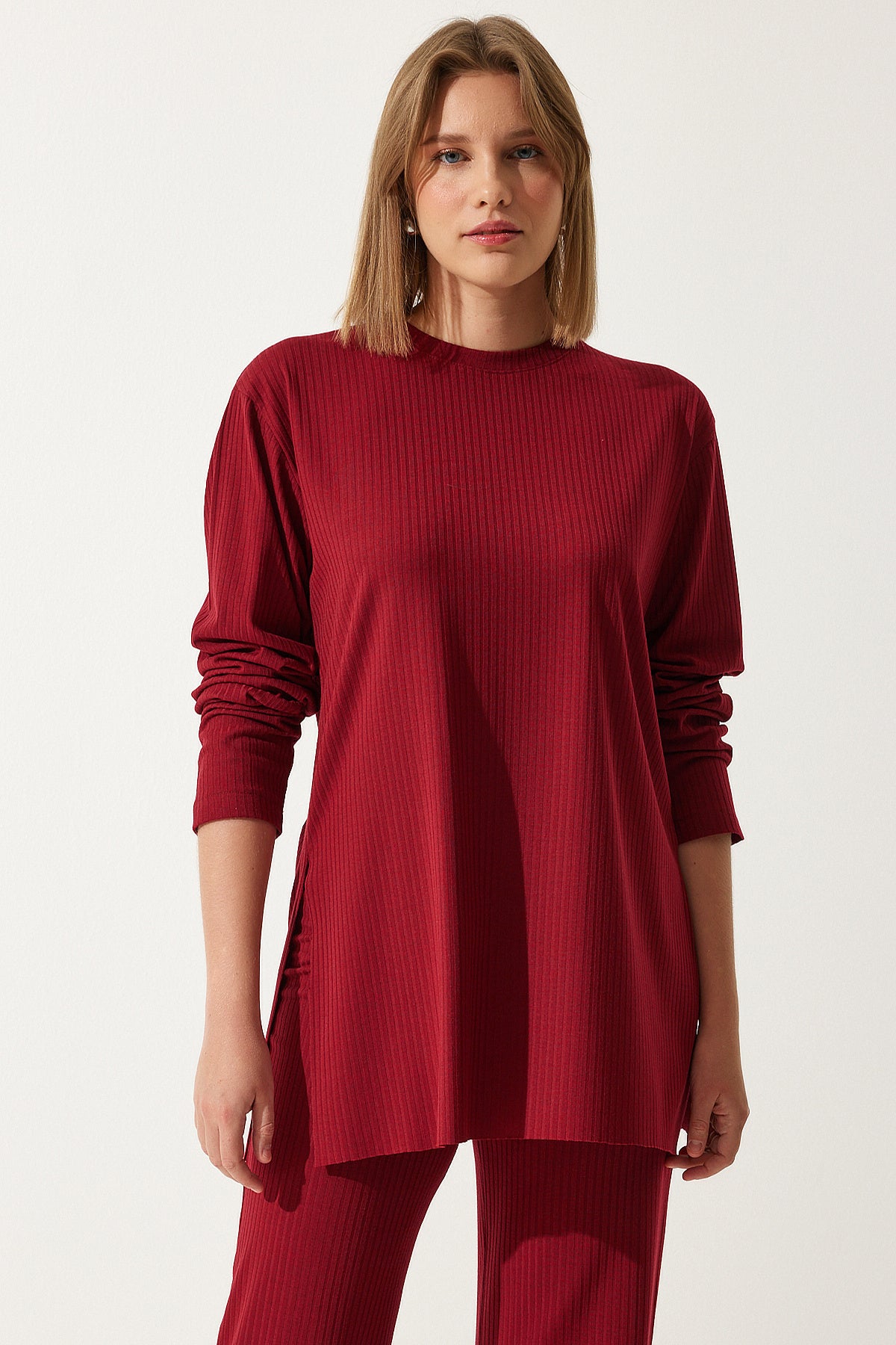 Kırmızı Fitilli Örme Bluz Pantolon Takım KH00088