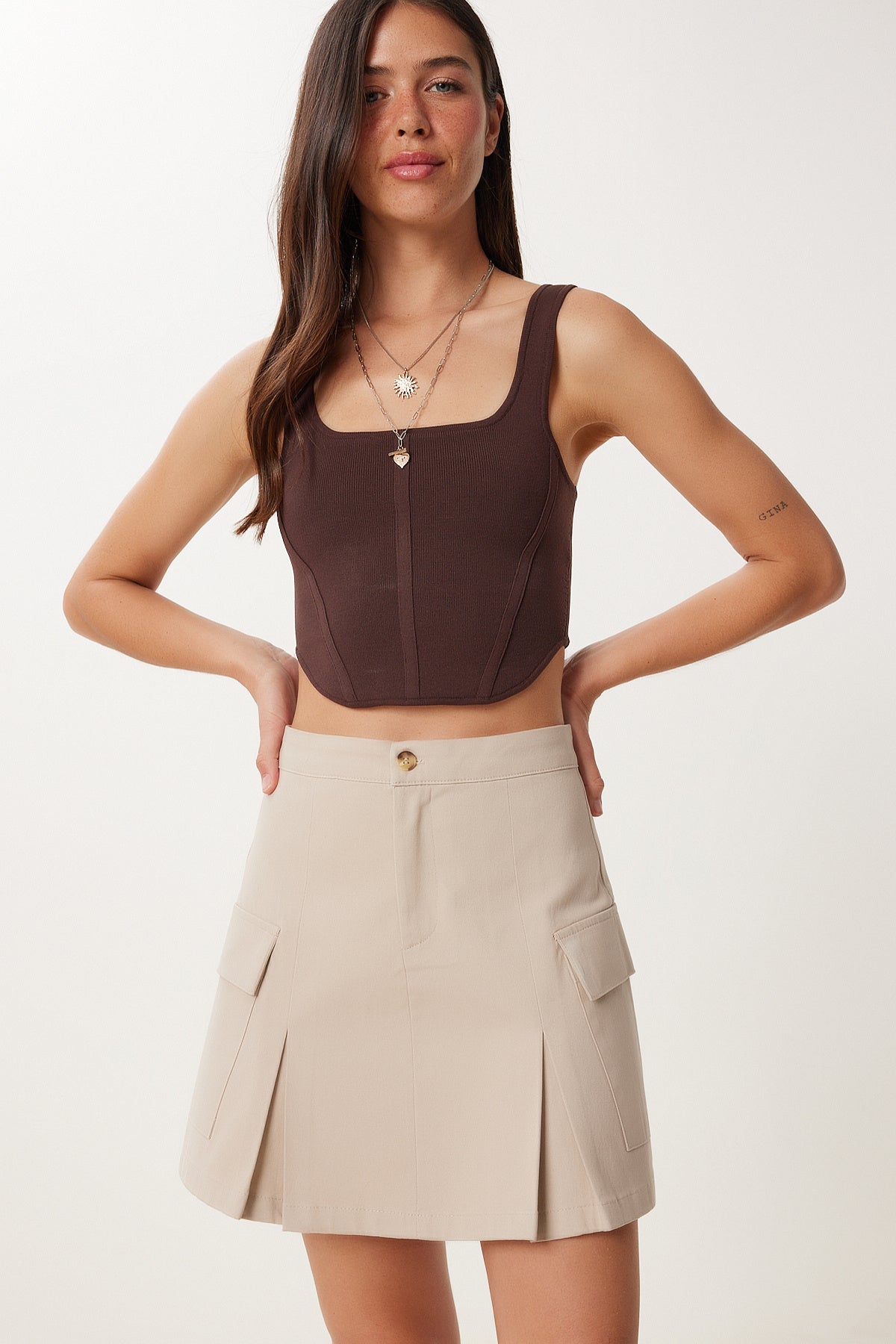 Bej Pileli Cepli Mini Gabardin Etek VW00006