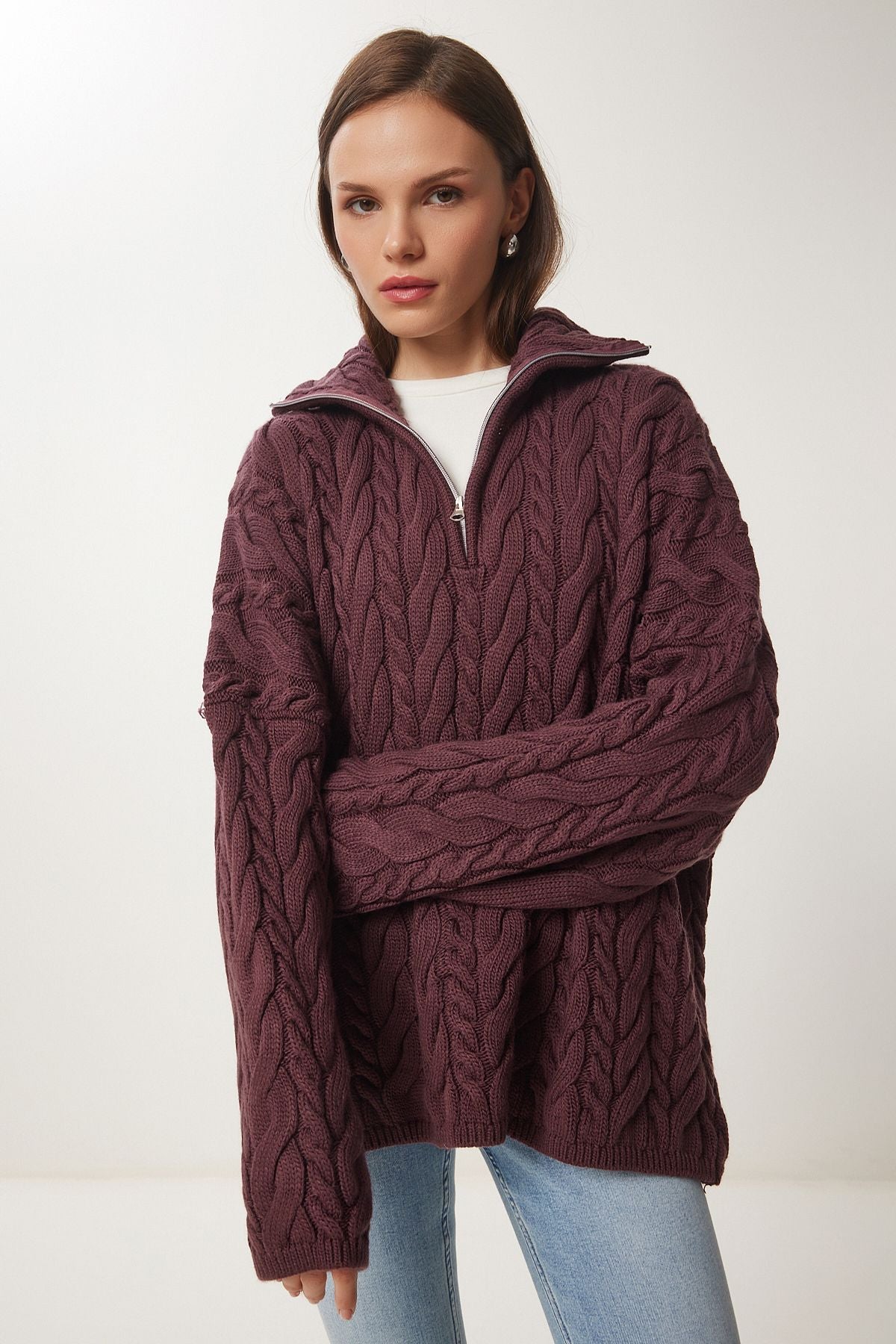 Açık Bordo Fermuarlı Dik Yaka Kalın Oversize Triko Kazak US01005