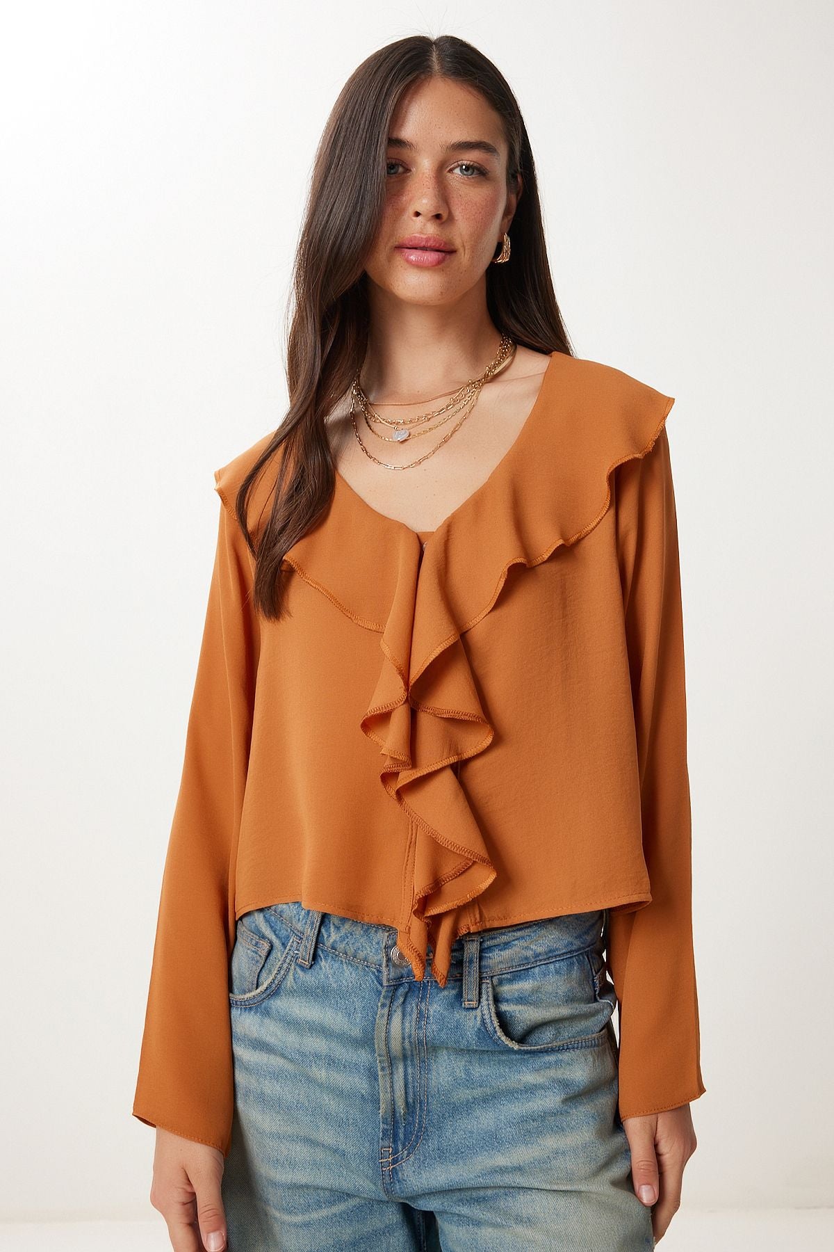 Tarçın Volanlı Hafif Transparan Şifon Bluz DM00142