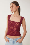 Bordo Dantelli Esnek Crop Bluz KH00095