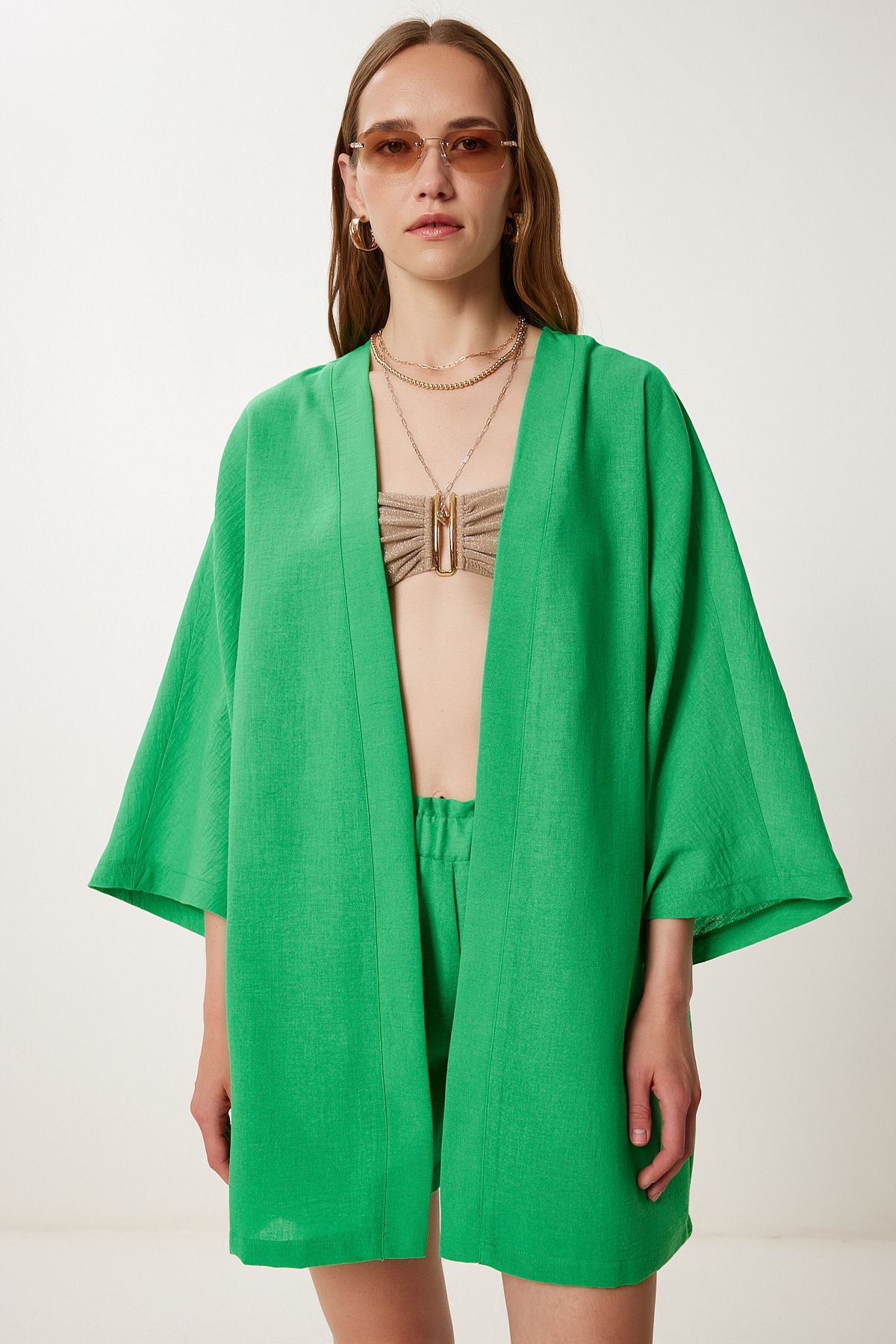Koyu Yeşil Keten Kimono Şort Takım WF00105