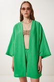 Koyu Yeşil Keten Kimono Şort Takım WF00105