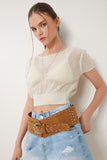 Krem Ajurlu Yazlık Crop Triko Bluz ZA00076