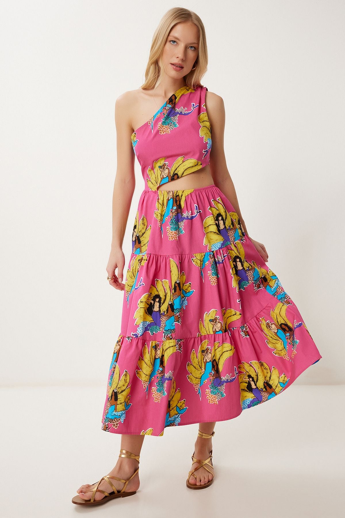 Pembe Sarı Tek Omuz Desenli Midi Poplin Elbise FK00018