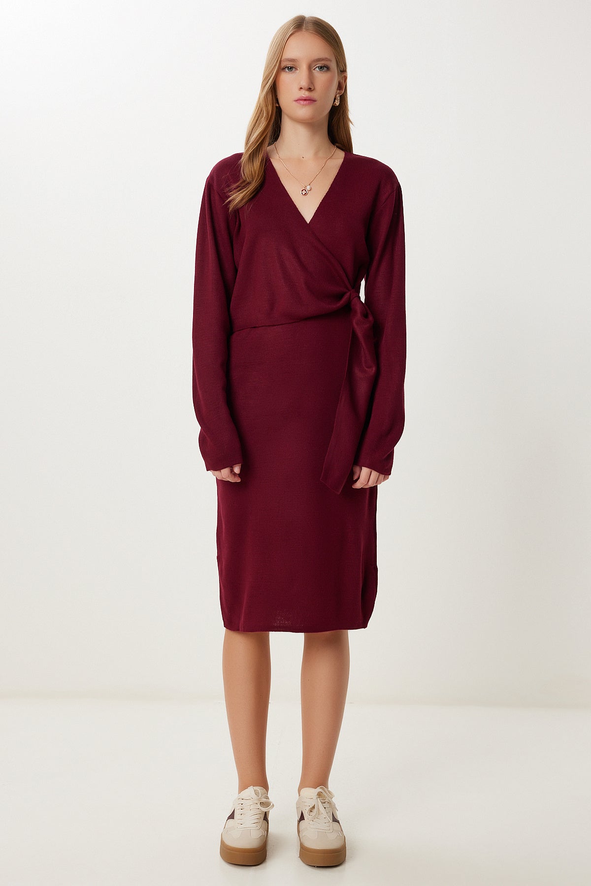 Bordo Kruvaze Yaka Triko Elbise PF00115