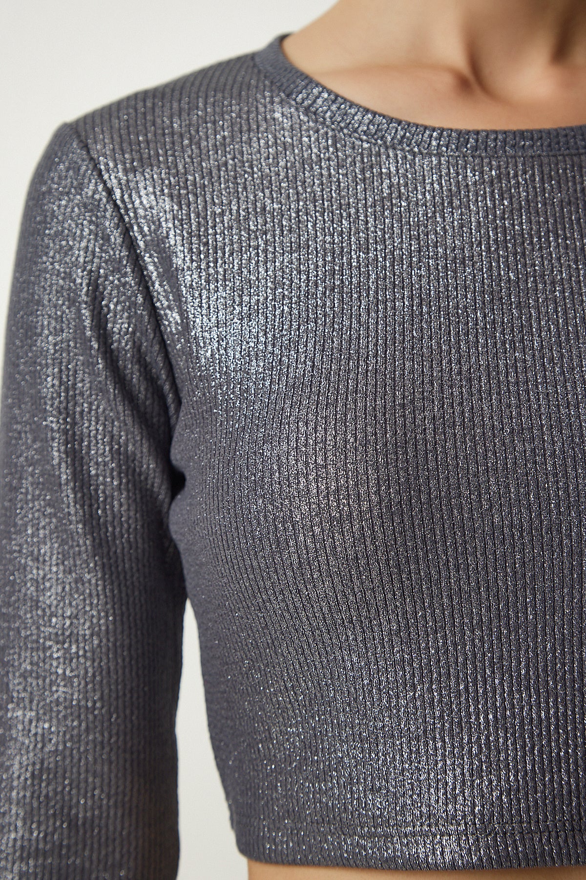 Gri Işıltılı Fitilli Crop Etek Takım MC00243