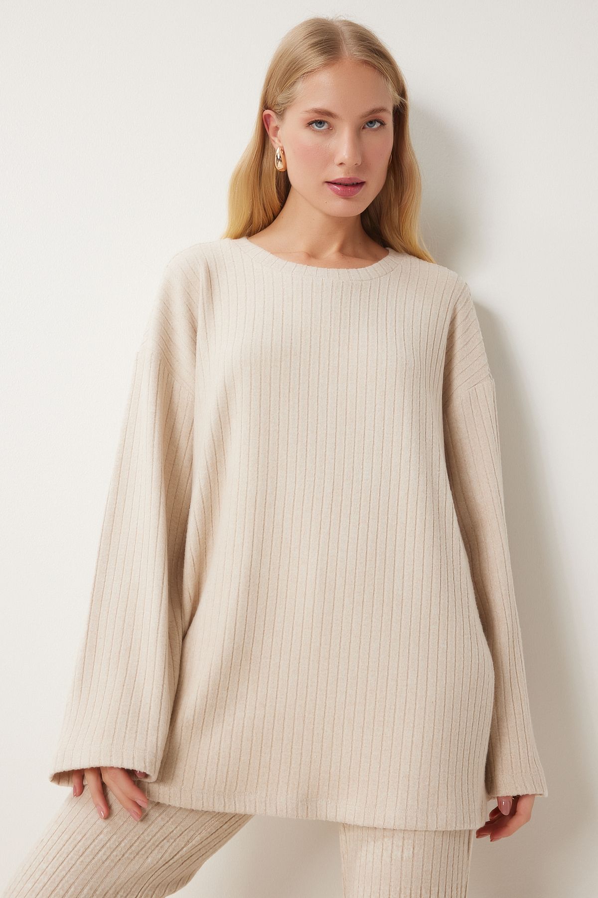 Krem Rahat Fitilli Örme Bluz Pantolon Takım RG00047