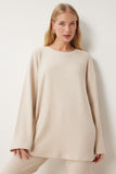Krem Rahat Fitilli Örme Bluz Pantolon Takım RG00047