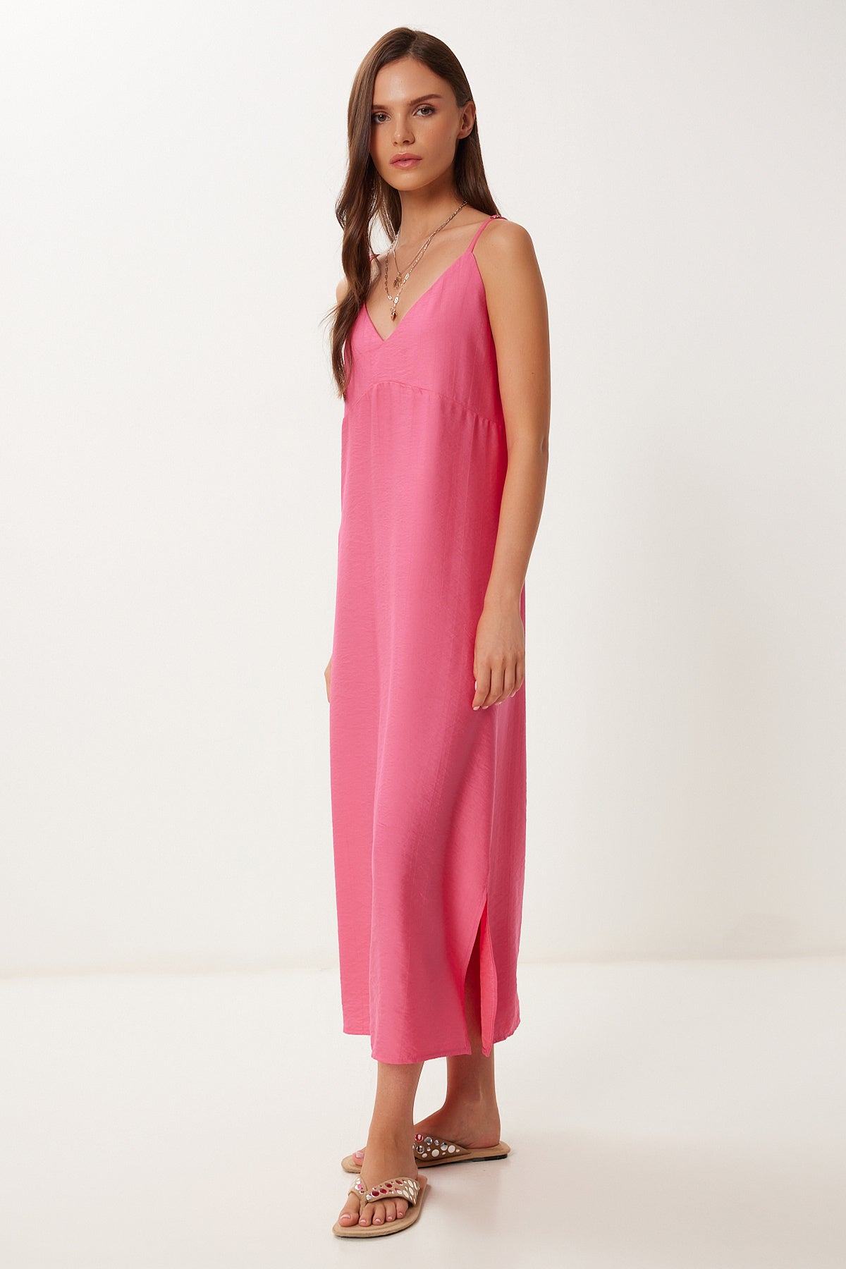 Pembe Askılı Yazlık Midi Krinkıl Elbise MX00195